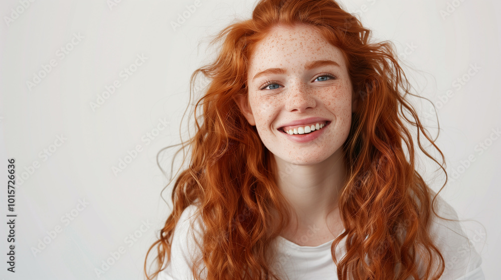 Close-up of a cheerful young woman with long red wavy hair and cute freckles, in a cool T-shirt, smiling warmly against a plain white background.
Close-up of a cheerful young woman with long red wavy hair and cute freckles, in a cool T-shirt, smiling warmly against a plain white background.