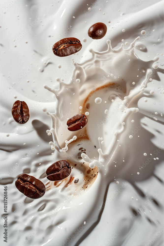 Swirling coffee beans and milk creating beautiful patterns on white background Swirling coffee beans and milk creating beautiful patterns on white background