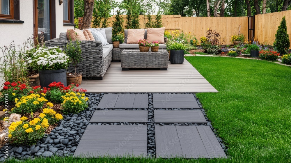 Obraz premium Cozy outdoor patio with stylish furniture, vibrant flowers, and a green lawn, creating a serene garden space for relaxation.