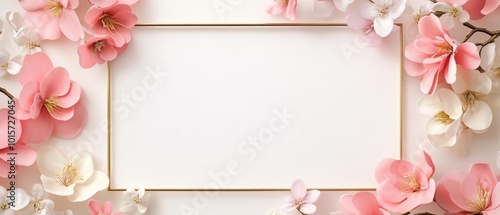 Wallpaper Mural pinks and cream color background with a large blank space in the center, with pink and white flowers on each side of it. The frame is made up of gold metal square shapes that frame all four sides Torontodigital.ca