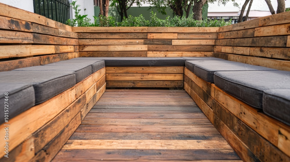 A cozy wooden seating area with padded cushions, designed for relaxation amidst greenery. A cozy wooden seating area with padded cushions, designed for relaxation amidst greenery.