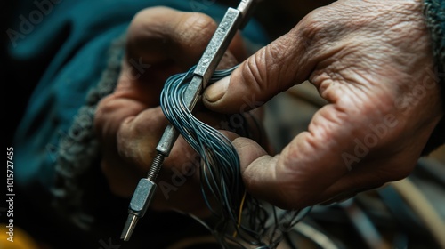 A close-up of hands twisting electrical wire connectors together, with a coil of wire and pliers in the frame.