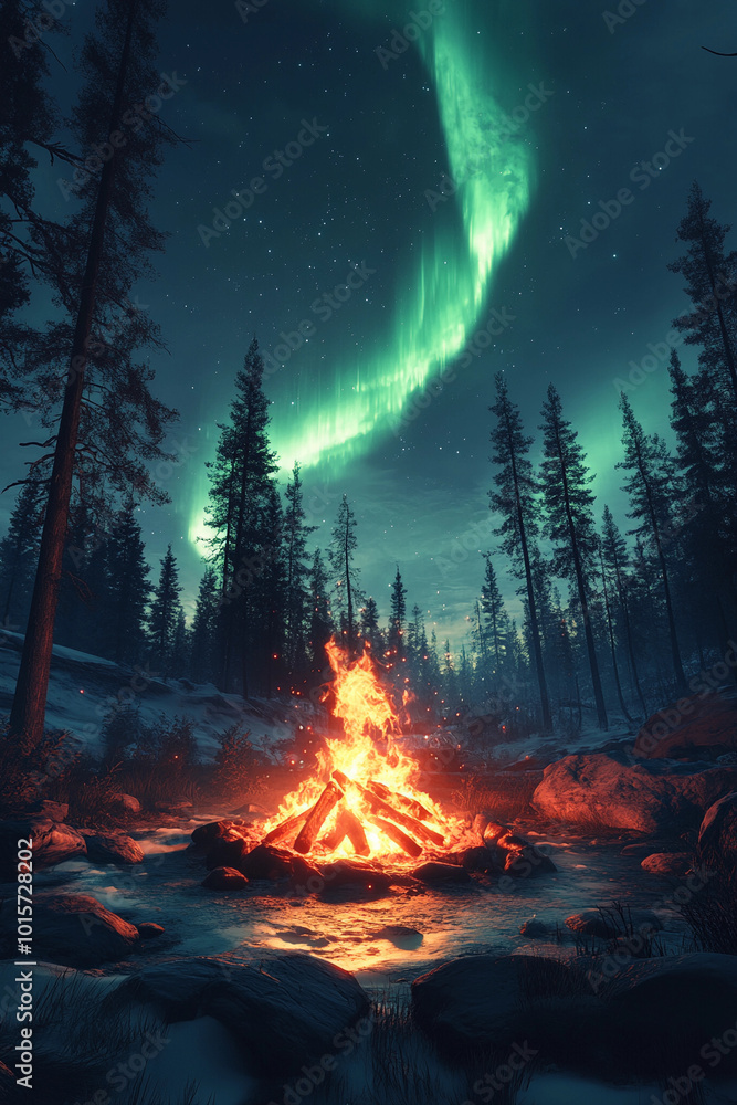 A serene and peaceful scene of a fire burning in a forest with a bright aurora in the sky. The fire is surrounded by a group of trees, creating a cozy and intimate atmosphere A serene and peaceful scene of a fire burning in a forest with a bright aurora in the sky. The fire is surrounded by a group of trees, creating a cozy and intimate atmosphere