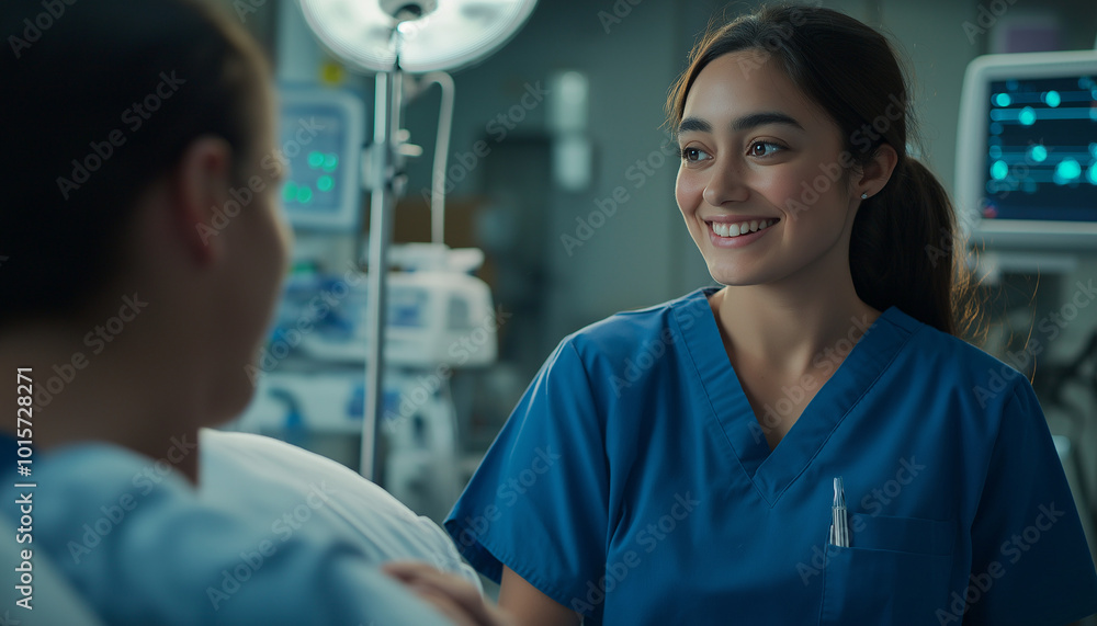 A smiling nurse in blue scrubs speaks to a patient in a hospital bed