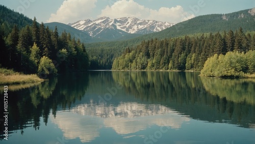 Still lake reflecting trees and mountain range, peaceful natural scenery, no people