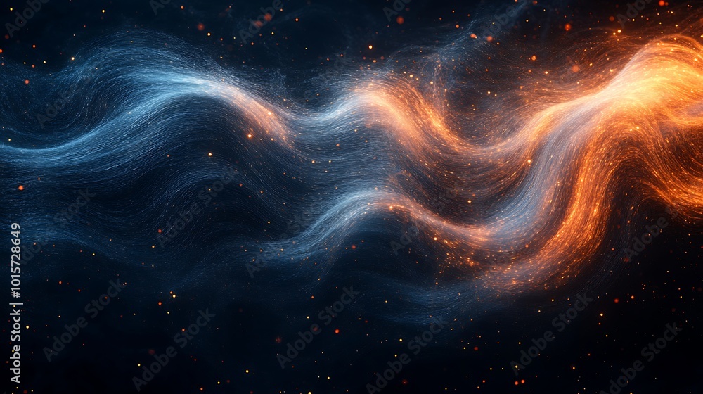 Abstract blue and orange glowing wave energy flow in dark space. Abstract blue and orange glowing wave energy flow in dark space.