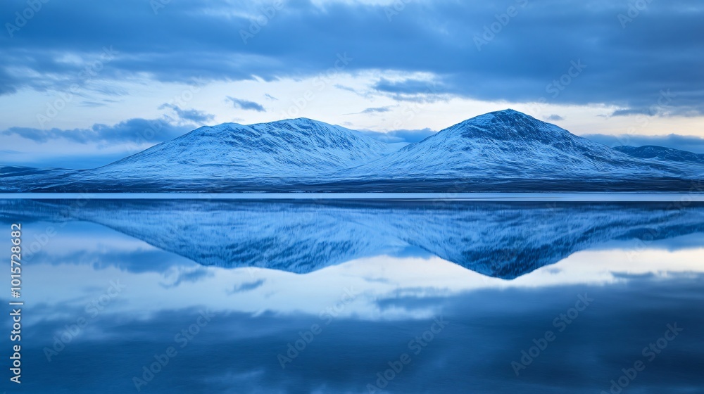 Two snow-capped mountains reflected in a calm lake under a blue sky with wispy clouds.