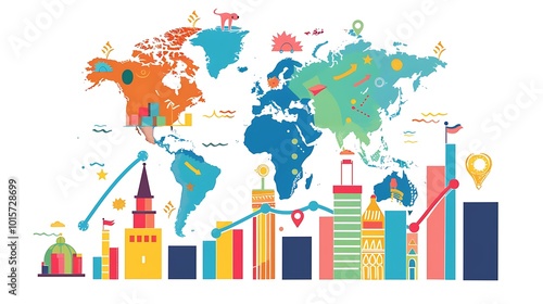 Colorful illustration of a world map with growth charts and various icons for representing global business development strategy innovation progress concept.