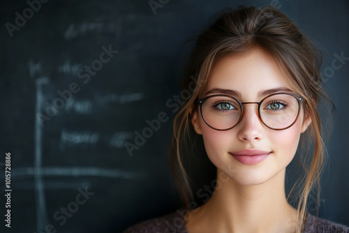 Female teacher wearing glasses, female face close-up