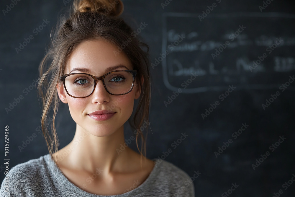 Female teacher wearing glasses, female face close-up