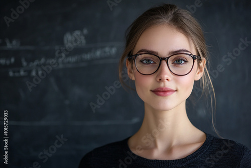 Female teacher wearing glasses, female face close-up