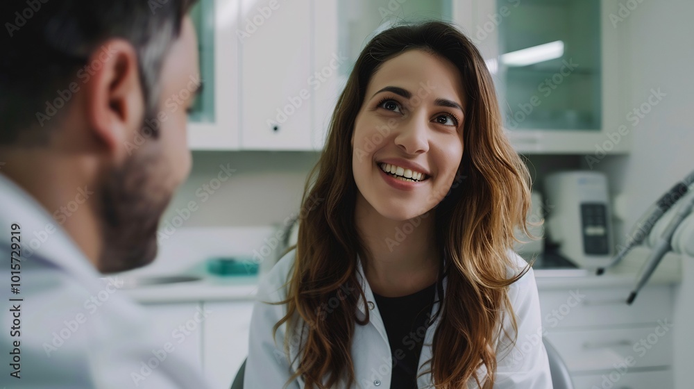 Dentist discussing the importance of fluoride treatments with a patient Dentist discussing the importance of fluoride treatments with a patient