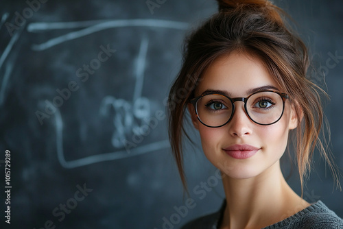 Female teacher wearing glasses, female face close-up