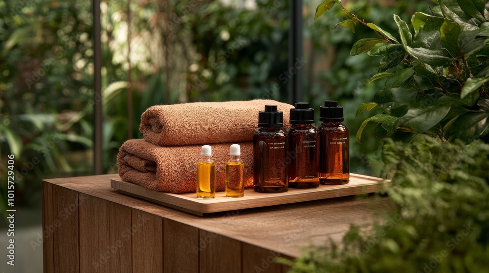 Soft, plush towels are arranged alongside a set of organic skincare oils on a wooden tray, enhanced by a calming backdrop of lush greenery, perfect for relaxation and self-care Soft, plush towels are arranged alongside a set of organic skincare oils on a wooden tray, enhanced by a calming backdrop of lush greenery, perfect for relaxation and self-care
