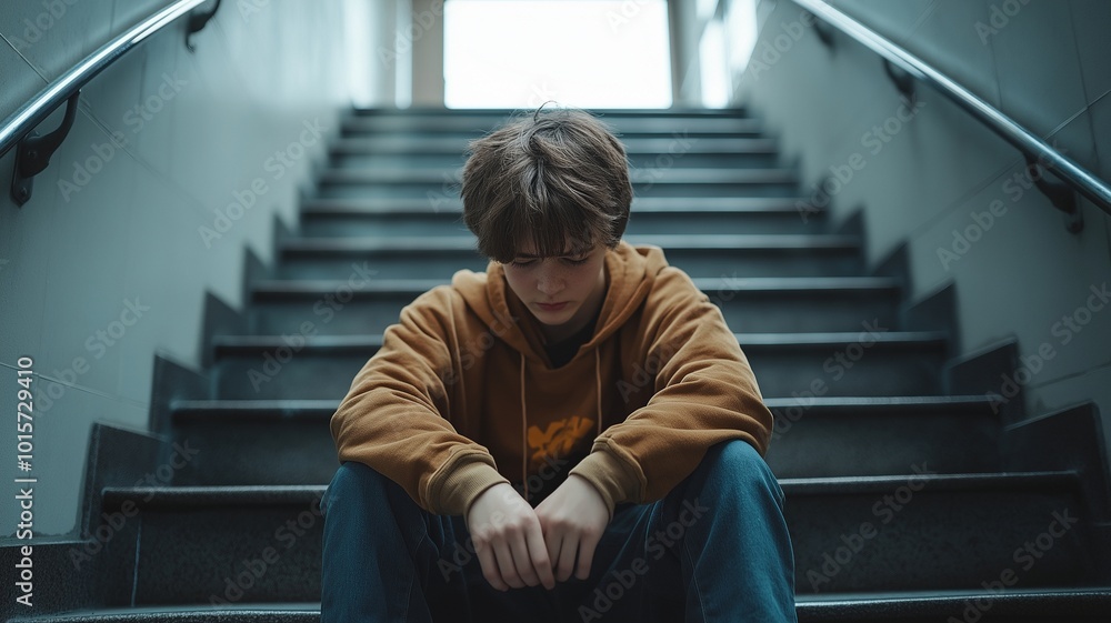 A young adolescent kid, depressed and with his head lowered, is sitting on steps. A young adolescent kid, depressed and with his head lowered, is sitting on steps.