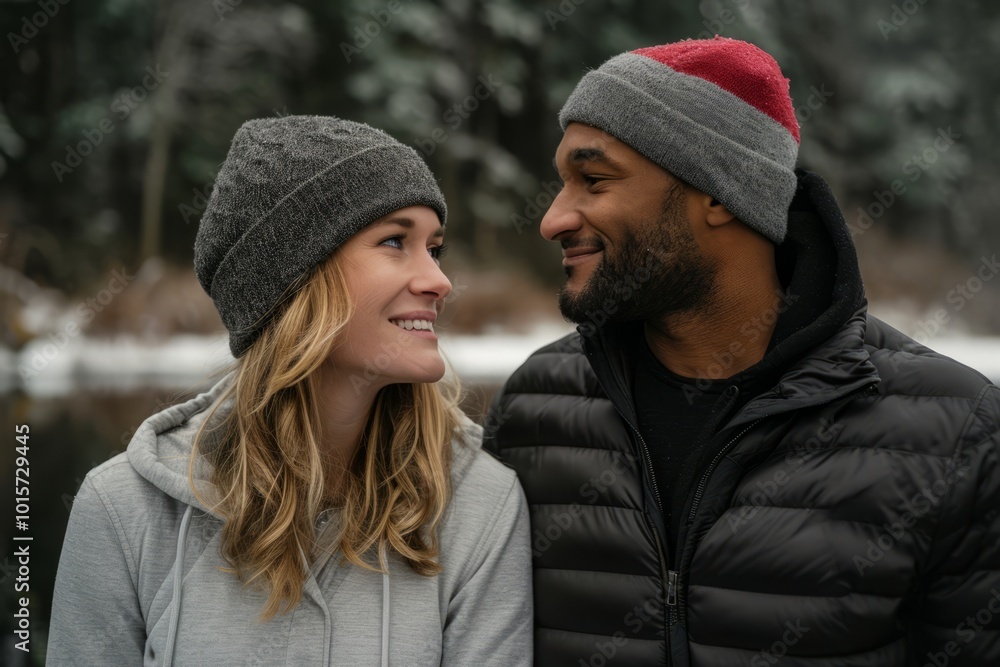 Couple in love smiling and looking at each other in winter park Couple in love smiling and looking at each other in winter park
