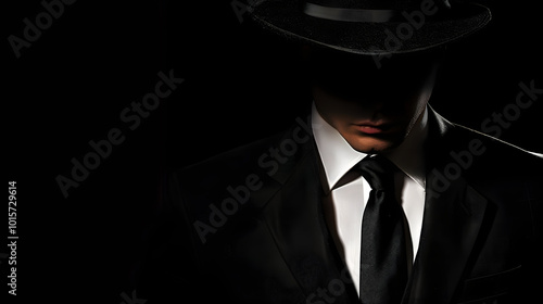 A black suit, black tie, and hat. The man is completely hidden behind the shadow of his head, but you can see that he wears it with confidence and elegance. Black background