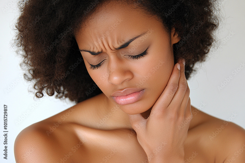 Naklejka premium A woman with a pained expression on her face. She has her hand on her neck. Concept of discomfort and pain