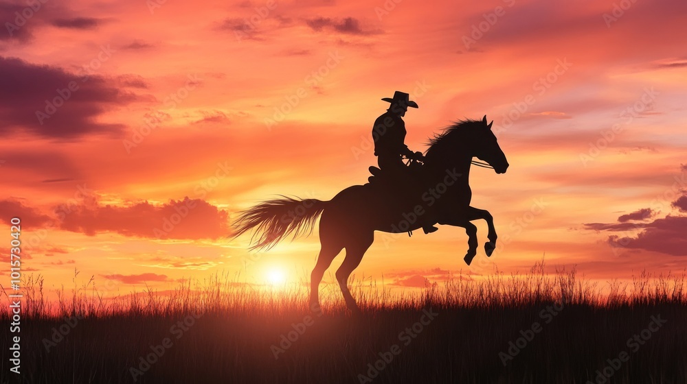 Silhouette of Cowboy Riding Horse at Sunset Silhouette of Cowboy Riding Horse at Sunset