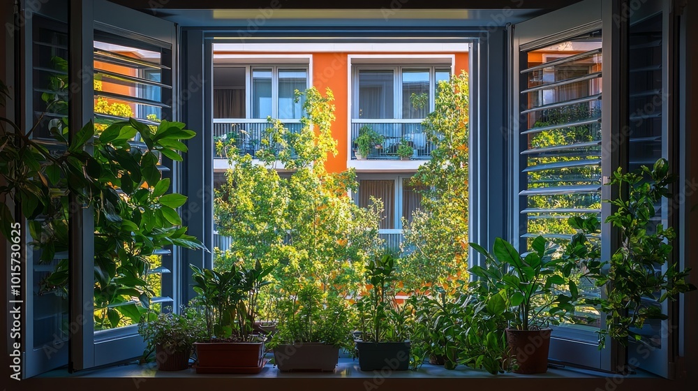 A view from a window with plants on the sill looking out at an urban cityscape with an orange building. A view from a window with plants on the sill looking out at an urban cityscape with an orange building.