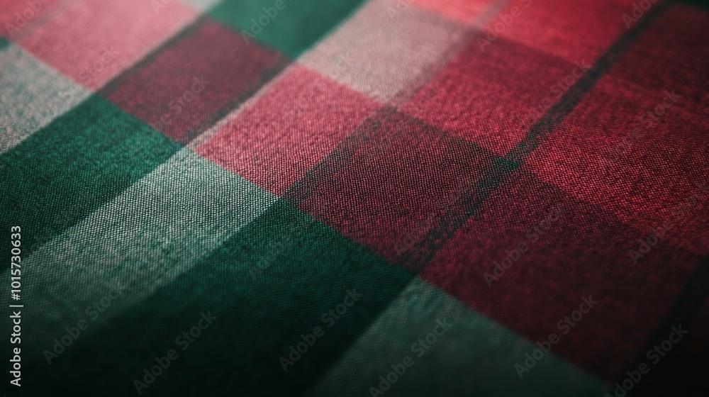 This close-up features a winter tartan pattern in rich burgundy and forest green, interlaced with fine white lines. The wool texture adds warmth and depth, with copy space on the left This close-up features a winter tartan pattern in rich burgundy and forest green, interlaced with fine white lines. The wool texture adds warmth and depth, with copy space on the left