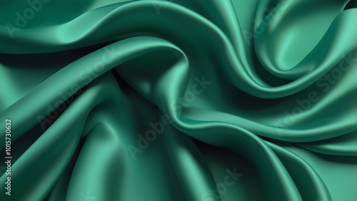 Luxurious emerald green silk fabric that is elegantly draped with soft folds and a satin like sheen, cloth flows in fluid, curving lines, creating a rich, lustrous texture. 