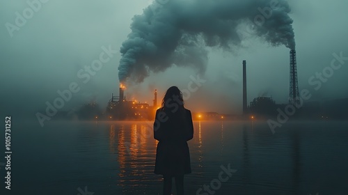 A coal-powered plant emits smoke, polluting the atmosphere on a dark, overcast day. photo