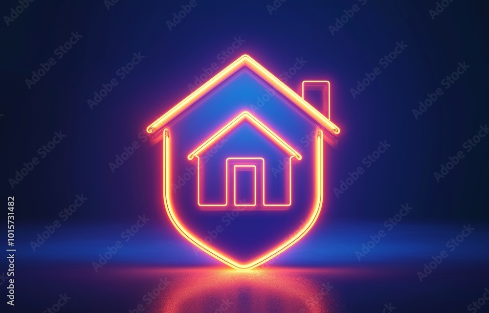 Neon shield with a house image, signifying the safety and security of a home. Neon shield with a house image, signifying the safety and security of a home.