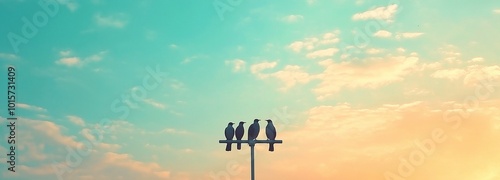 Birds perched on a light pole, beautiful sky, bright blue.