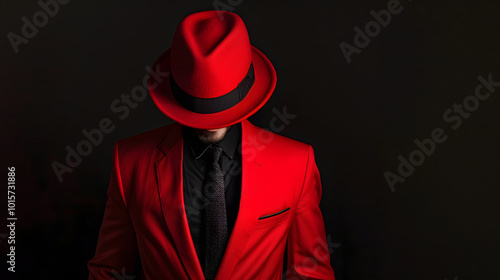 A red suit, black tie, and hat. The man is completely hidden behind the shadow of his head, but you can see that he wears it with confidence and elegance. Black background.