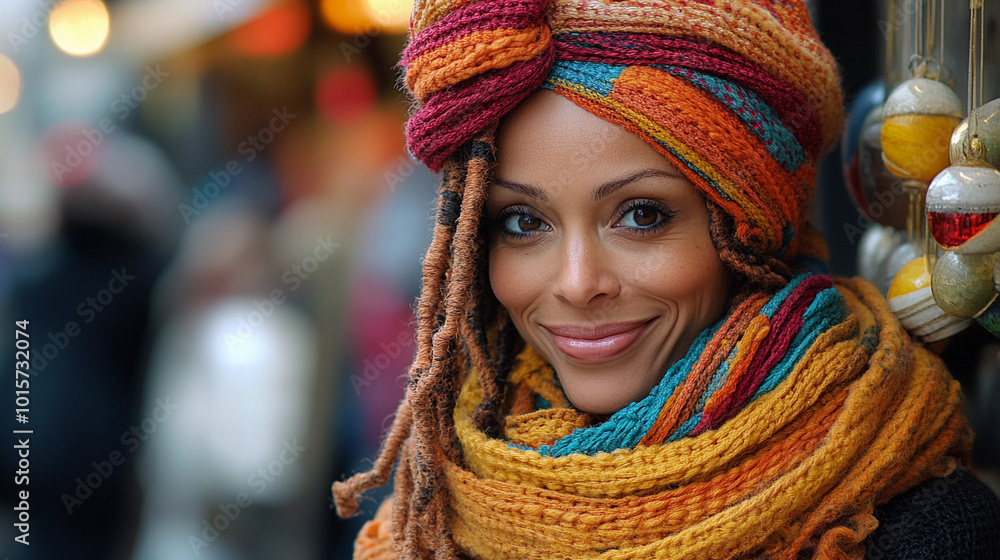 A woman wearing a colorful scarf and a head wrap is smiling. The scarf is multicolored and has a pattern of stripes A woman wearing a colorful scarf and a head wrap is smiling. The scarf is multicolored and has a pattern of stripes