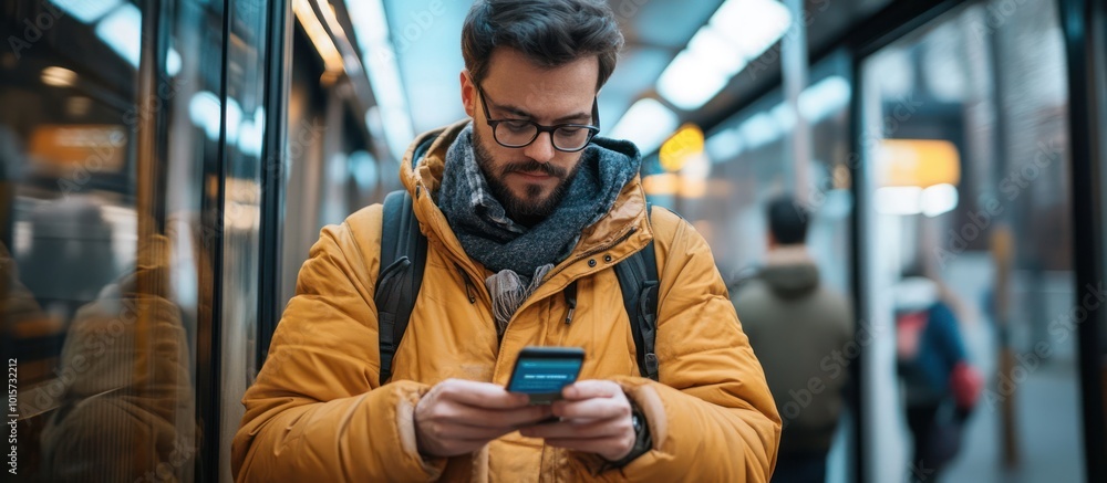 A young man wearing a yellow jacket and glasses uses his smartphone while waiting on a platform of a public transit system. A young man wearing a yellow jacket and glasses uses his smartphone while waiting on a platform of a public transit system.