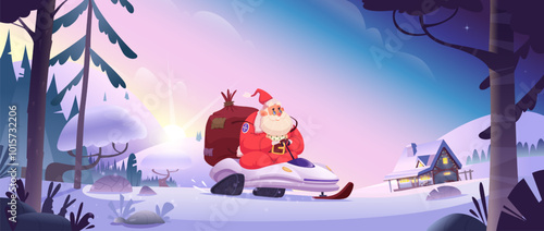 Santa riding on snowmobile through winter forest with a village in the backg. photo