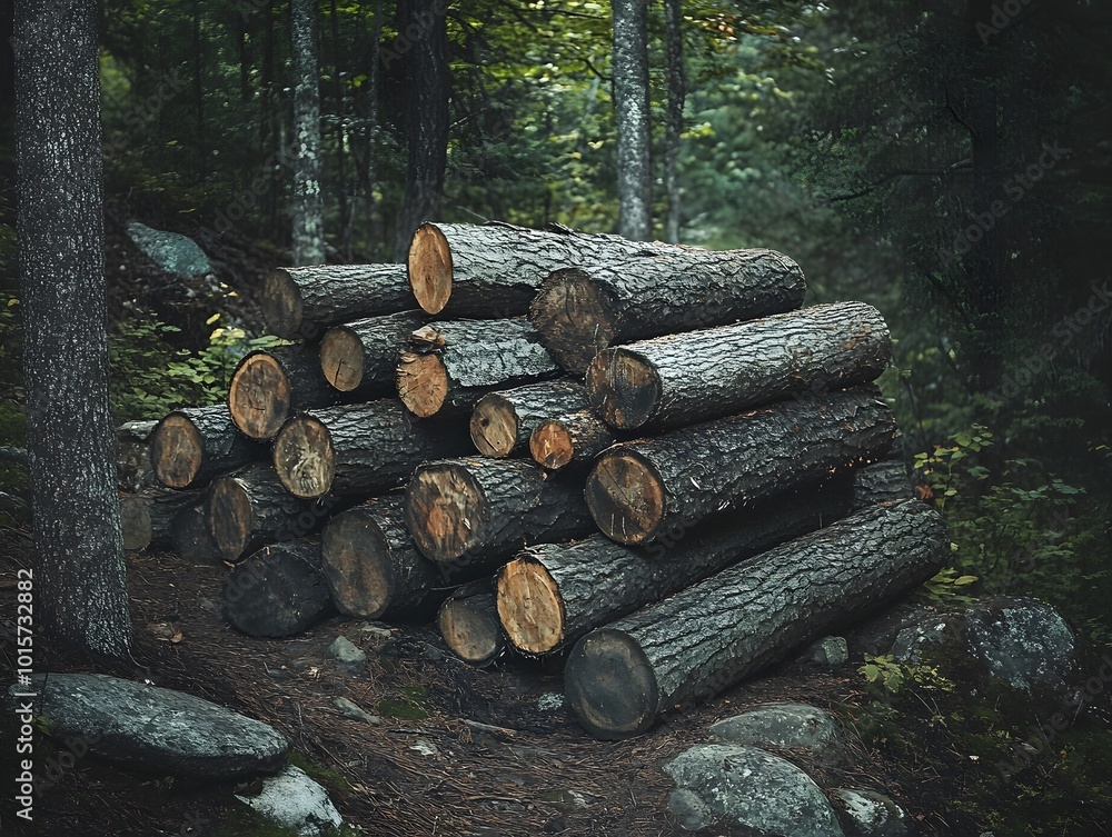 Natural Logs Stacked in a Tranquil Forest Setting Natural Logs Stacked in a Tranquil Forest Setting