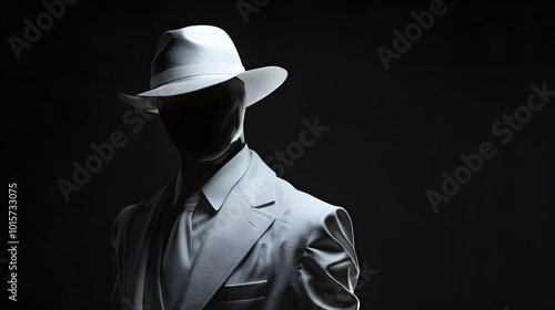 A person wearing a white suit with a black tie and hat. The face is not visible, set against a dark background with high contrast, resulting in a monochrome image.