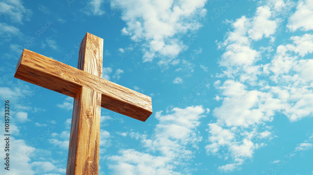 A wooden cross is standing in front of a blue sky with clouds. Concept of peace and serenity, as the cross is a symbol of faith and spirituality A wooden cross is standing in front of a blue sky with clouds. Concept of peace and serenity, as the cross is a symbol of faith and spirituality