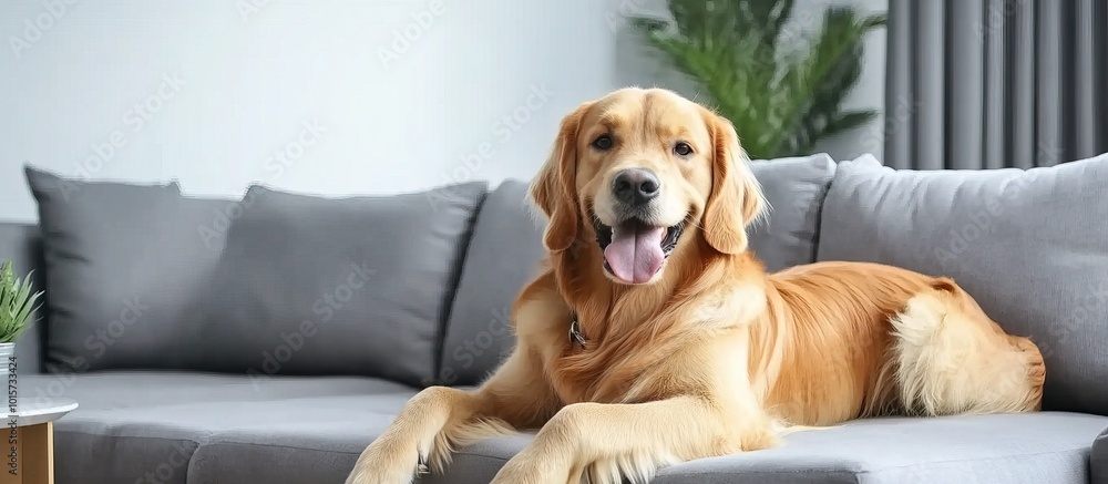 Golden Retriever Relaxing on a Grey Couch Golden Retriever Relaxing on a Grey Couch