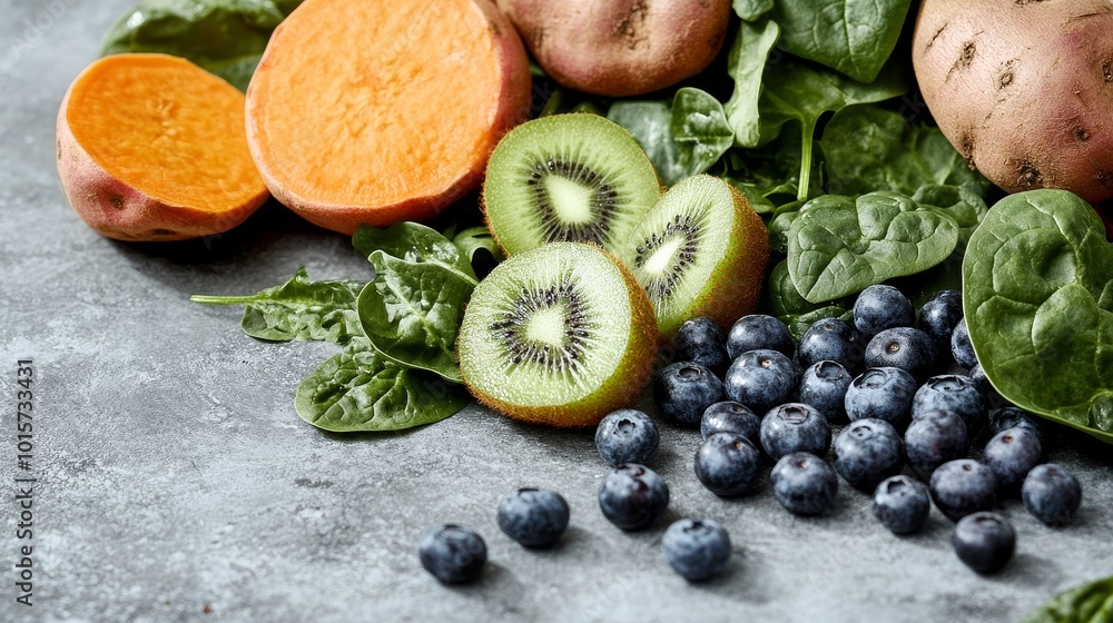 A dynamic close-up shot of a variety of fresh vegetables and fruits placed on a neutral background, featuring items like sweet potatoes, spinach, kiwis, and blueberries A dynamic close-up shot of a variety of fresh vegetables and fruits placed on a neutral background, featuring items like sweet potatoes, spinach, kiwis, and blueberries