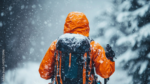 A person wearing an orange jacket and backpack is standing in the snow. The scene is cold and snowy, and the person appears to be prepared for the weather with their warm clothing and backpack photo