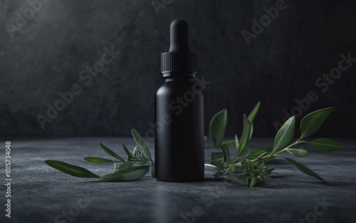 Elegant black dropper bottle with green leaves on a dark surface