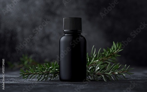 Black essential oil bottle surrounded by fresh rosemary sprigs