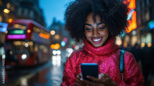 A woman in a red jacket is smiling and looking at her cell phone. She is walking down a street with a bus in the background photo