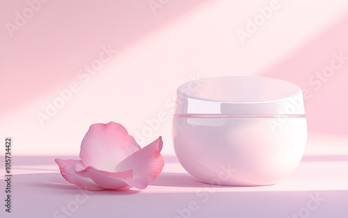 Elegant skincare cream jar with rose petal on pink background photo