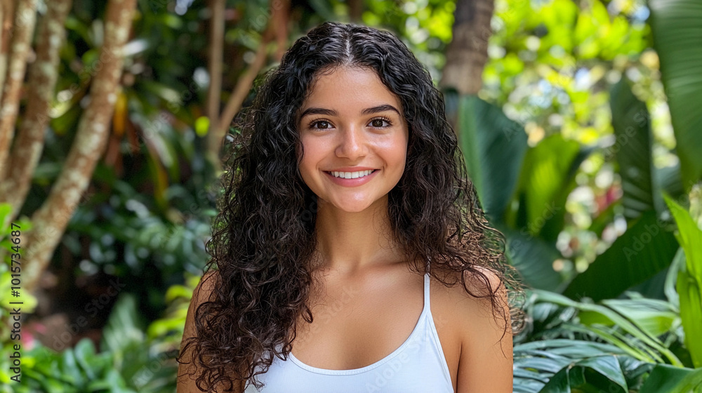 A woman with curly hair is smiling in front of a lush green forest. Concept of happiness and relaxation, as the woman is enjoying her time in nature. The vibrant green foliage A woman with curly hair is smiling in front of a lush green forest. Concept of happiness and relaxation, as the woman is enjoying her time in nature. The vibrant green foliage