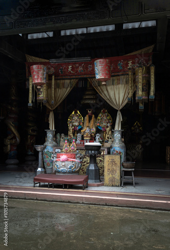 Chinese god statues on Chinese altar table at Phutthamonthon sathan or Sun wukong shrine. Space for text, Selective focus. photo