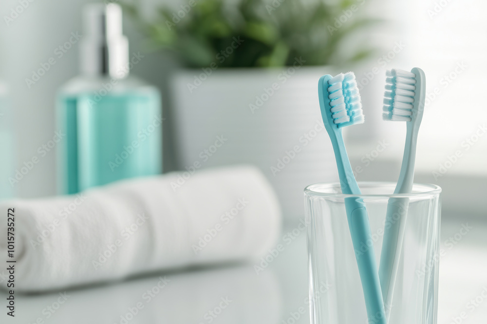 Toothbrushes in glass on bathroom counter with soft focus background and soothing colors Toothbrushes in glass on bathroom counter with soft focus background and soothing colors