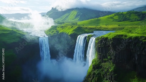 Aerial View of Waterfall Surrounded by Lush Landscape