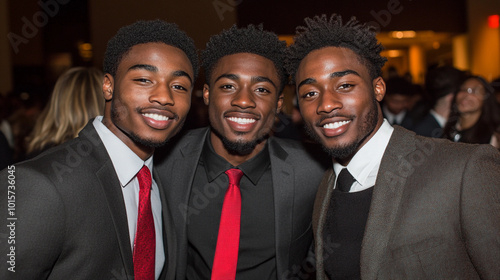 Three men in suits and ties are smiling for the camera. They are dressed up and appear to be posing for a photo