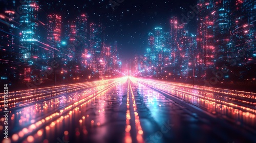 A dark background featuring a neon-colored roadmap with technology-driven goals, depicting futuristic street visuals.