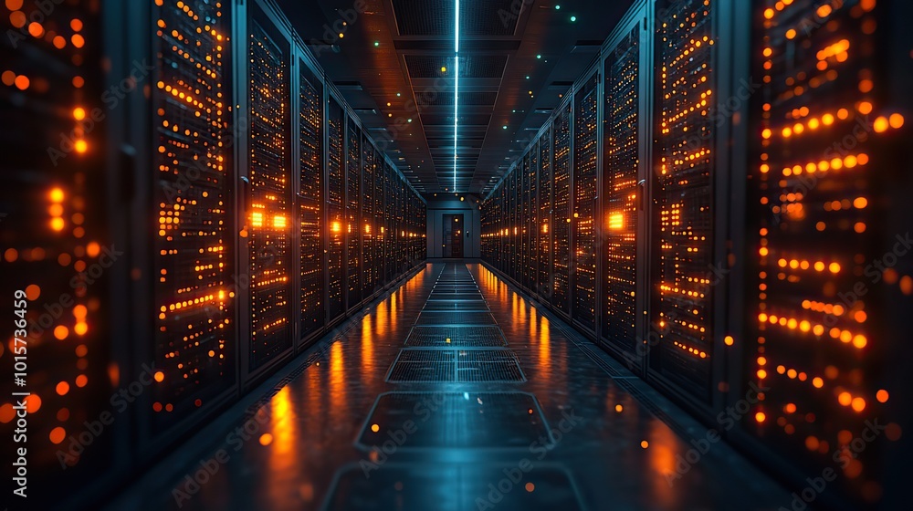 Obraz premium A data technology center with server racks, visualizing IoT data flow and digitalization in a complex environment.